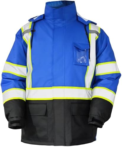 FATONE Hi Vis Rain Jacket for Men Lightweight Reflective Safety Rain Gear Waterproof with Hood, Class 3 Work Raincoat ANSI/ISEA Tested Blue L/XL