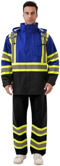 Hi Vis Safety rain Jacket，Reflective Class 3 Rain coat with Inner Mesh Lining and Pockets High Visibility Waterproof work Rain Suits for men&women（Blue,2XL/3XL）