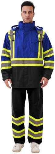 Hi Vis Safety rain Jacket，Reflective Class 3 Rain coat with Inner Mesh Lining and Pockets High Visibility Waterproof work Rain Suits for men&women（Blue,SM/MD）