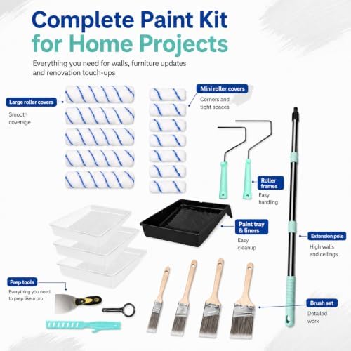 32PCS Paint Roller Kit with Adjustable Extension Pole, Microfiber Rollers, Paint Brushes, Tray Liners, Painter’s Tape and Drop Cloth for Walls, Ceilings, Furniture and Home Improvement Projects