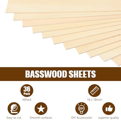 Riakrum Basswood Sheets Plywood Board Unfinished Wood Boards for Crafts for DIY Laser Projects Architectural Mini House Building Hobby Model Making(18 x 18 x 1/8 Inch,36)