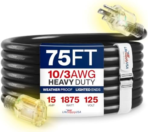 75ft Outdoor/Indoor Extension Cord 10/3 Gauge Ultra Heavy Duty 3 Prong SJTW (5-15P/5-15R), Waterproof, Flexible Cold-Resistant Long Power Cord,15A 125V 1875W, Black by LifeSupplyUSA