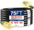 75ft Outdoor/Indoor Extension Cord 10/3 Gauge Ultra Heavy Duty 3 Prong SJTW (5-15P/5-15R), Waterproof, Flexible Cold-Resistant Long Power Cord,15A 125V 1875W, Black by LifeSupplyUSA