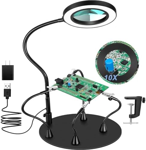 Magnetic Helping Hands Soldering Station with 10X Magnifying Glass with light, PCB Holder 4 Flexible Arms Magnifier and Third Hand Tool for Electronic Repair Soldering Jewelry Craft