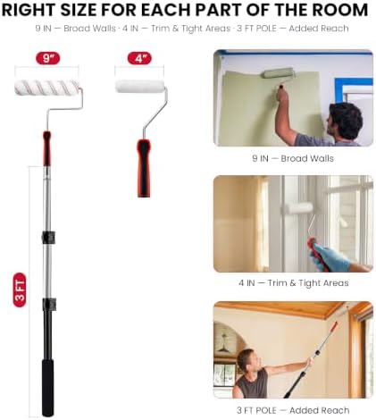 Mister Rui 4 Inch and 9 Inch Paint Roller Kit with 3-Ft Extension Pole