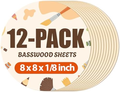 Rowood 12 Pack Round Basswood Sheets,8x8x1/8inch,3mm Basswood for Laser Cutting,Adult Craft Kits,Thin Plywood Board Unfinished Wood,DIY Ornaments and Architectural Model