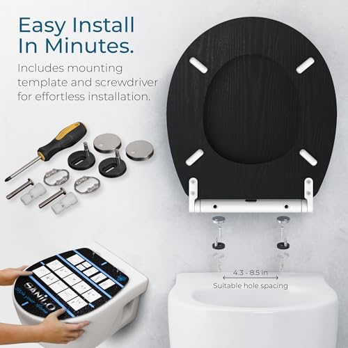 Sanilo Wooden Toilet Seat with Quick Release & Soft Close [ROUND] - Decorative & Slow Close Molded Wood Seat - With One Click for Easy Installation & Cleaning - With Adjustable Fit (Black Wood)