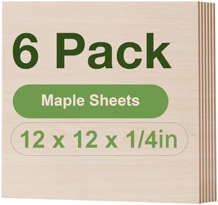 Rowood 6 Pack Maple Plywood 1/4,12x12x1/4inch,6mm Wood Sheets Thin Unfinished Maple Plywood for Laser Cutting and Engraving,DIY Adult Craft Project Kits for Ornaments, Models Drawing,Wood Burning