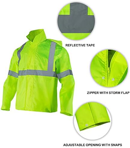 FONIRRA Class 3 High Visibility Rain Suit With Collapsible Hood Lime Reflective Safety Waterproof Worker Jacket & Pants (L/XL Yellow)