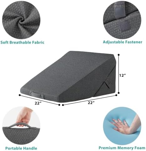 Bedluxe Wedge Pillow for Sleeping, Adjustable 9&12 Inch Foldable Bed Wedge Pillow Set, Orthopedic Memory Foam Triangle Pillows Wedge, 7-in-1 Elevated Pillows for Leg and Back Support, Dark Grey