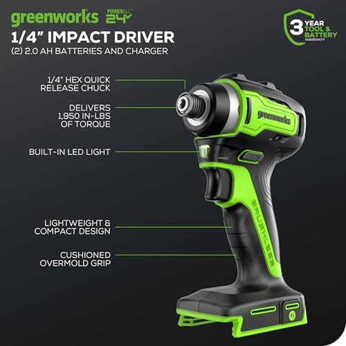 Greenworks 24V Brushless 1950 in./lbs Impact Driver, 1/4-inch Hex Variable Speed, Tool Only