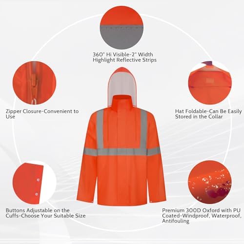 TCCFCCT High Vis Rain Jacket Rain Suits for Men Waterproof, Hi Vis Rain Coat for Men with Hood, High Visibility Rain Gear for Safety Work, Reflective raincoat for Outdoor Activities, S-M Orange NP