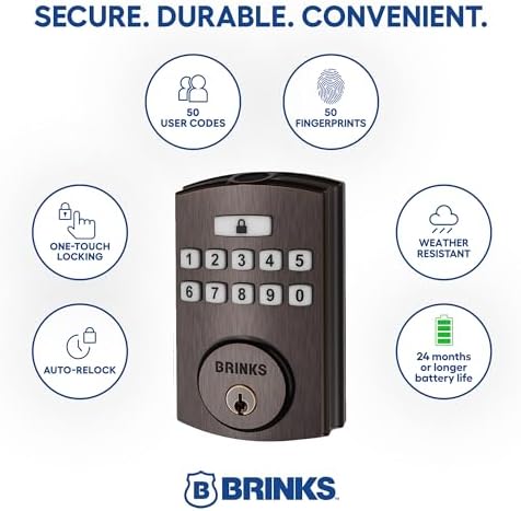 Brinks Fingerprint Door Lock with Lever – Keyless Entry Biometric Lock, Electronic Keypad Fingerprint Deadbolt with Auto-Locking, Front Door Lock and Interior Lever Set, Tuscan Bronze