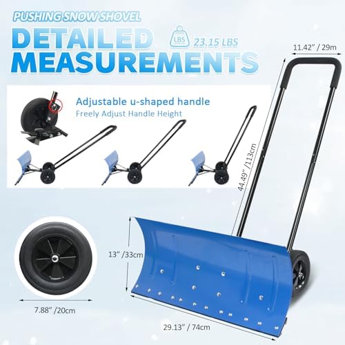 Snow Shovel Pusher, 29.13-inch Metal Snow Pusher with Wheels for Driveway, Adjustable Angle and Height Snow Pusher Shovel for Sidewalks, or Parking Lots