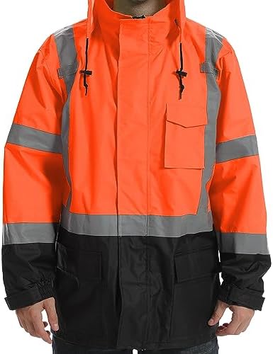 Reflective Rain jackets for men waterproof,Hi Vis Safety Coat With Reflective Strips，High Visibility Class 3 Rain jackets With 2 large pockets，Zipper,Black Bottom Orange,SM/MD