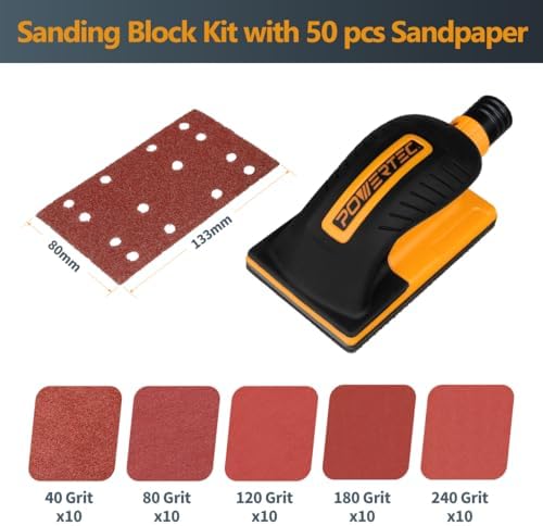 POWERTEC Vacuum Sanding Block Set w/ 1" OD Dust Extraction, Dust-Free Hook and Loop Sandpaper (40, 80, 120, 180, 240 Grit, 10 Each) for Woodworking, Sanding Tool for Auto Body, Paint, Drywall (71514V)