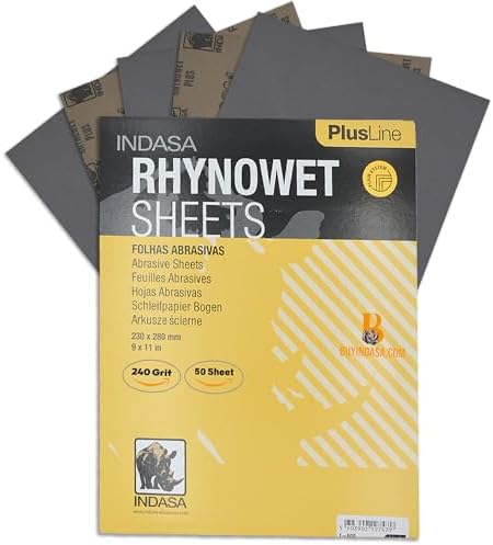 Indasa 50 PCS 9x11” Wet & Dry Sandpaper Sheets, 240 GRIT, Rhynowet Clog-Resistant Abrasive for Wood, Metal, Auto, Paint & Clear Coat Finishing, Sand Paper Aluminum Oxide, Plusline