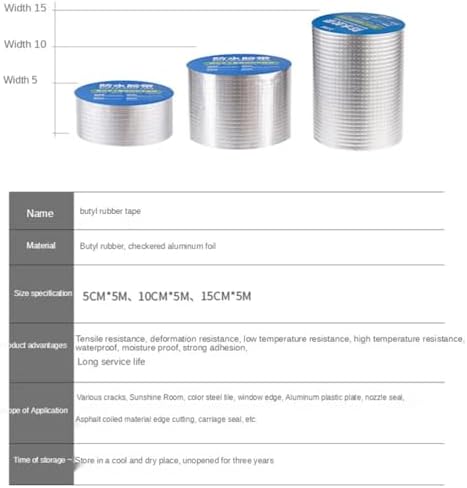 Waterproof Tape Butyl Tape Aluminum Foil Tape Butyl Tapeeter Thicken Butyl Tape god kvalitet Aluminum Foil High Temperature Resistance Wall Crack Roof Duct Water Pipe Repair Adhesive(5M 1mm-5cm)
