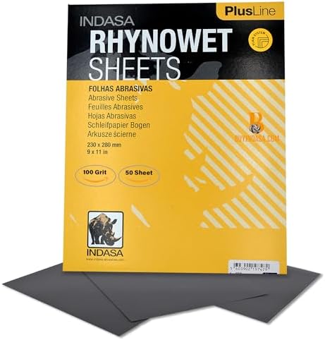 Indasa 50 PCS 9x11” Wet & Dry Sandpaper Sheets, 100 GRIT, Rhynowet Clog-Resistant Abrasive for Wood, Metal, Auto, Paint & Clear Coat Finishing, Sand Paper Aluminum Oxide, Plusline