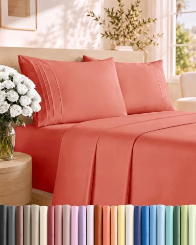 Queen Size 4 Piece Sheet Set - Comfy Breathable & Cooling Sheets - Coral
