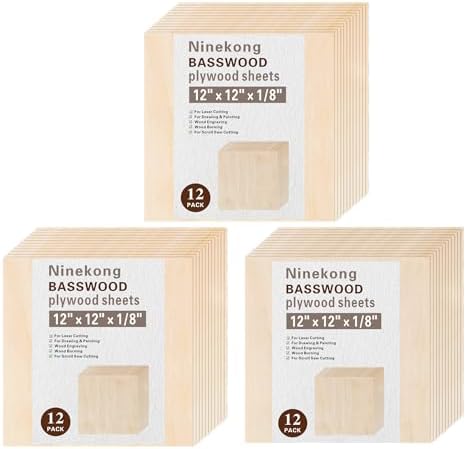 36 Pack Basswood Sheets 1/8 inch,12"x12"x1/8" Plywood Sheets,3mm Basswood for Laser Cutting,Laser Engraving Blanks,Thin Natural Unfinished Wood for Crafts,Wood Burning,Scroll Saw Cutting