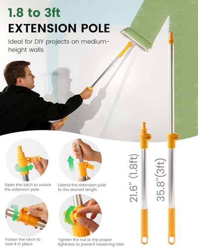 Voomey 12-Inch Paint Roller Kit with Extension Pole, 12” Paint Tray with Liners, Heavy Duty Roller Frame & Long Paint Rollers, Ideal for Walls, Interior & Exterior Painting