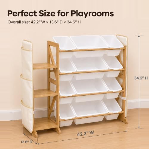 Toy Storage Organizer for Kids, 12 Bins, Bookshelf & Hanging Book Pocket
