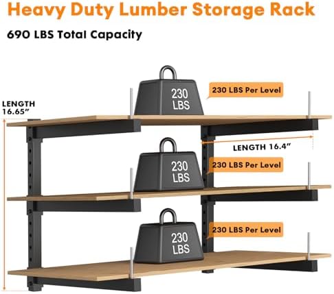 Lumber Storage Rack Wall Mount - Wood Storage Racks Heavy Duty Metal Shelf Wall Mount Wood Organizer Racks for Shed, Workshop, Garage, Basement, Wall Storage Racks - Indoor & Outdoor Use