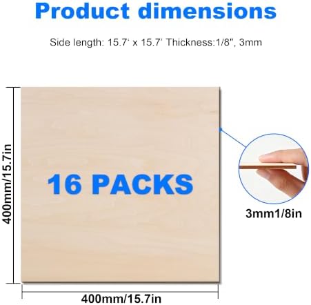 16-Pack of Basswood sheets 15.7‘ x 15.7’ x 1/8", 3mm thick plywood. Smooth surface, suitable for laser cutting, handicrafts, unpainted square wood panels, painting and DIY projects