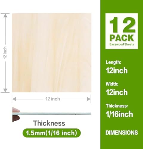 Basswood Sheets 12"x12"x1/16,1.5mm Basswood for Laser Cutting,Thin Plywood Board Unfinished Wood for Crafts, DIY Architectural Models Making, Wood Engraving (12inchx12inch-1/16-12Packs)