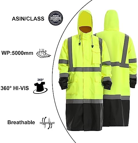 Reflective Rain jackets for men waterproof,Hi Vis Rain Coat With 3M Reflective Strips，High Visibility Class 3 Rain Gear With 2 large pockets，Zipper,Black Bottom Lime，6XL