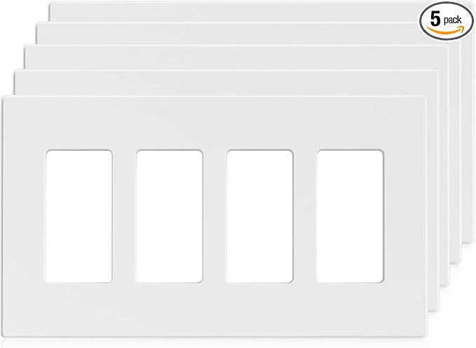 ELEGRP 4-Gang Screwless Decorative Wall Plates, Mid-Size Unbreakable Thermoplastic Faceplate Cover for Decorator Receptacle Outlet Switch, UL Listed (5 Pack, Matte White)