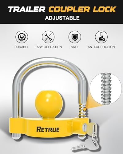 RETRUE Universal Trailer Coupler Lock, Adjustable Hitch Lock, Bright Yellow
