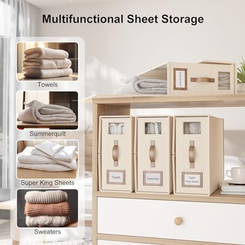 6 Pack Bed Sheets Organizers And Storage,Sheets Set Folder Keeper with Handle,Foldable Bedding Storage Box For Linen Closet,Duvet Cover(Cal King Size-5.2 Gal,Beige)