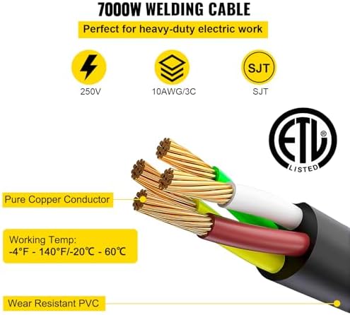 VEVOR Welder Extension Cord 30Amp 25ft 250V, Welding Power Cord with NEMA 6-50 Plug 10 Gauge 3 Prong for MIG,Lincoln,Plasma,Miller,TIG, Black