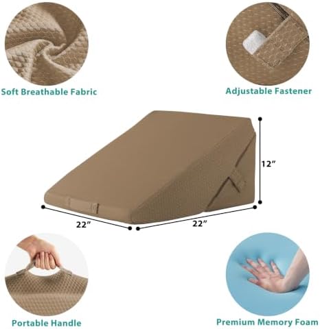 Bedluxe Wedge Pillow for Sleeping, Adjustable 9&12 Inch Foldable Bed Wedge Pillow Set, Orthopedic Memory Foam Triangle Pillows Wedge, 7-in-1 Elevated Pillows for Leg and Back Support, Brown