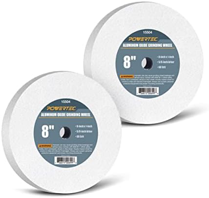 POWERTEC Bench Grinder Wheel 8 Inch 60 Grit, White Aluminum Oxide Grinding Wheel for Bench Pedestal Grinder, 1" Thick 5/8" Arbor, Sharpening & Shaping Drill Bits, Blade, and Chisel 2PK (15504-P2)
