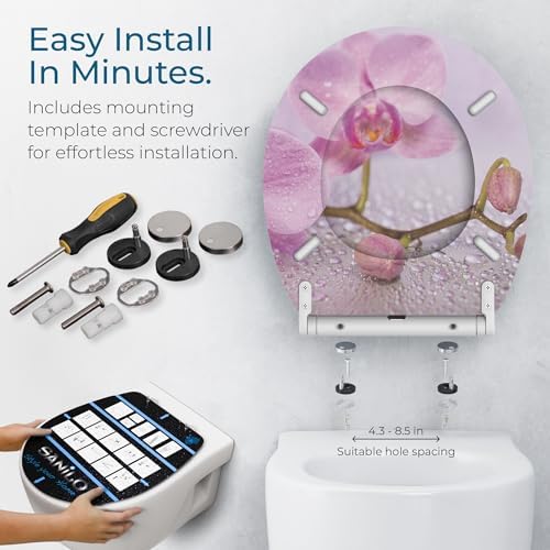 Sanilo Wooden Toilet Seat with Quick Release & Soft Close [ROUND] - Decorative & Slow Close Molded Wood Seat - With One Click for Easy Installation & Cleaning - With Adjustable Fit (Blooming)