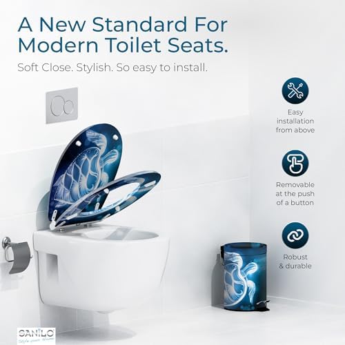 Sanilo Wooden Toilet Seat with Quick Release & Soft Close [ROUND] - Decorative & Slow Close Molded Wood Seat - With One Click for Easy Installation & Cleaning - With Adjustable Fit (Glow Turtle)