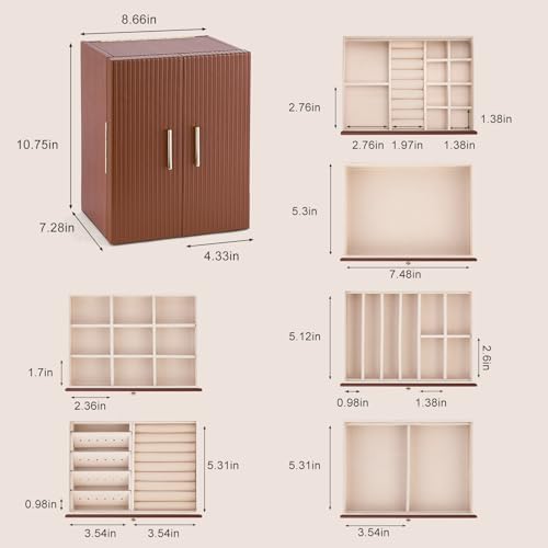 Dajasan Large Jewelry Organizer Box, 6-Tier Jewelry Storage Case with 5 Drawers, Jewelry Boxes for Women Girls with Mirror, Double Door, Textured PU Leather, Gift Idea, Stylish (Brown + Gold)