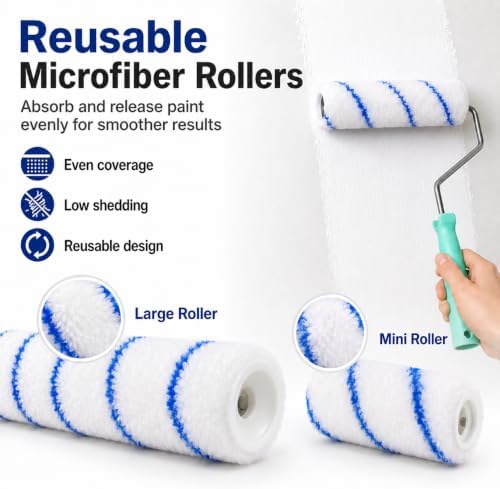32PCS Paint Roller Kit with Adjustable Extension Pole, Microfiber Rollers, Paint Brushes, Tray Liners, Painter’s Tape and Drop Cloth for Walls, Ceilings, Furniture and Home Improvement Projects