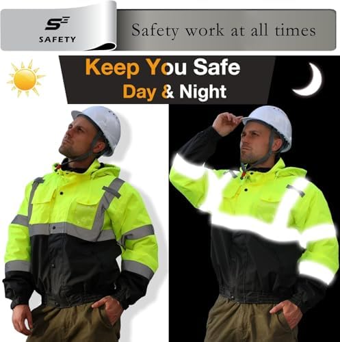 sesafety Reflective Jacket for Men, High Visibility Jackets, Safety Jackets for Men, Hi Vis Construction Bomber Jackets Waterproof with Pockets and Zipper, Black Bottom, Class 3 (Pack of 2)