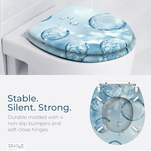 Sanilo Wooden Toilet Seat with Quick Release & Soft Close [ROUND] - Decorative & Slow Close Molded Wood Seat - With One Click for Easy Installation & Cleaning - With Adjustable Fit (Bubbles)