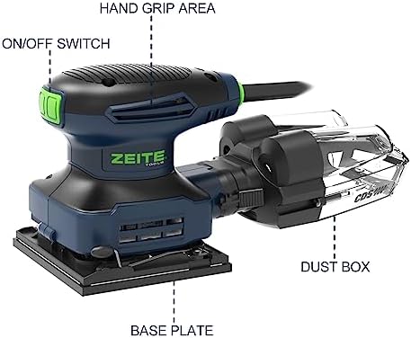 ZEITE 2.4 Amp 1/4 Sheet Sander with 12Pcs Sandpapers, Electric Palm Sander for Woodworking, 10 Ft Cord, 14000 OPM, Vacuum Attachment, Cyclonic Dust Box for Wood Polishing Sanding