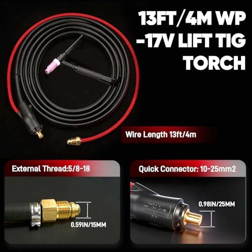 WP-17V TIG Welding Torch 150Amp Air Cooled Lift TIG Torch 13FT, 10-25mm² Quick Connector, 5/8"-18 Gas Fitting
