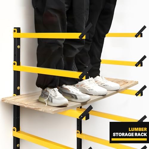 GREENER Lumber Storage Rack Folding Wood Storage Racks Wall-Mounted Metal Racks for Storage with 6-Level Heavy Duty Garage Wood Organizer for Woodworking Shop Indoor & Outdoor Use, 2 pairs,Yellow