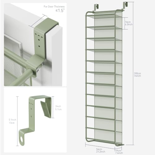 Whitmor 36 Pair Over the Door Shoe Rack,12 Tier Hanging Shoe Organizer with Metal Frame & Mesh shelves, Heavy Duty Shoe Storage Holder for Door,No Drill Installation, 74" H x 21.7" W x 7.5" D, Green