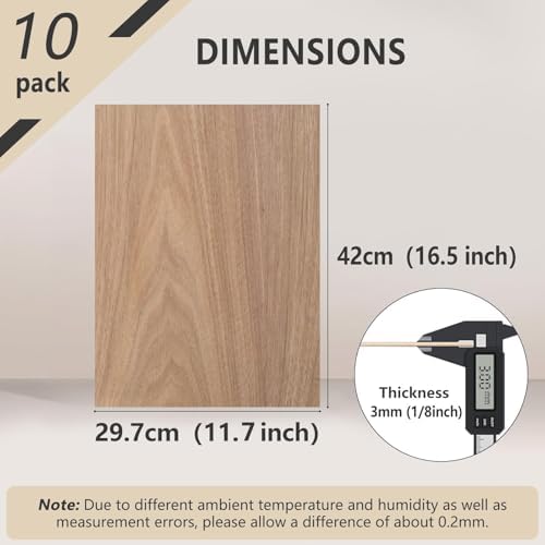 10 Pack Black Walnut Plywood Sheets, 16.5"x11.7"x1/8" Unfinished Wood Blanks, Ideal for Laser Cutting, Engraving, DIY Crafts, Wood Burning, Sign Making & Home Decor