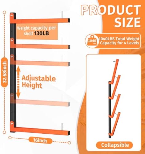 4 Pack Lumber Storage Rack, Wall Mount Foldable & Adjustable Lumber Rack with 8-Level Holds Up 1040 Lbs, Heavy Duty Metal Garage Wood Rack for Workshop, Basement, Indoor and Outdoor