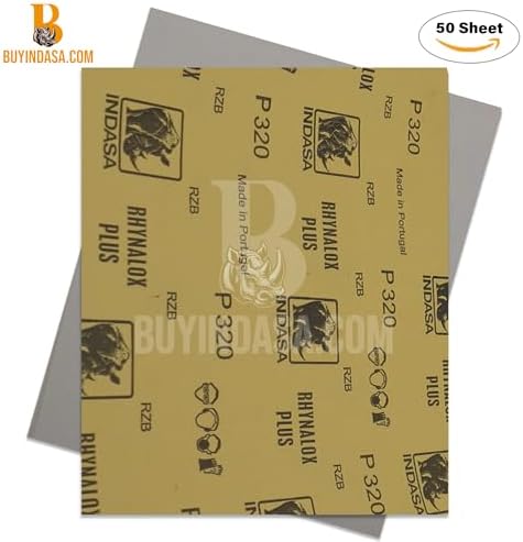 Indasa 50 PCS 9x11 Sandpaper Rhynalox Plusline - 320 Grit Dry Sanding Sheets, Professional-Grade Abrasive for Wood, Metal, Automotive, and Paint Finishing - Durable, Clog-Resistant Sand Paper